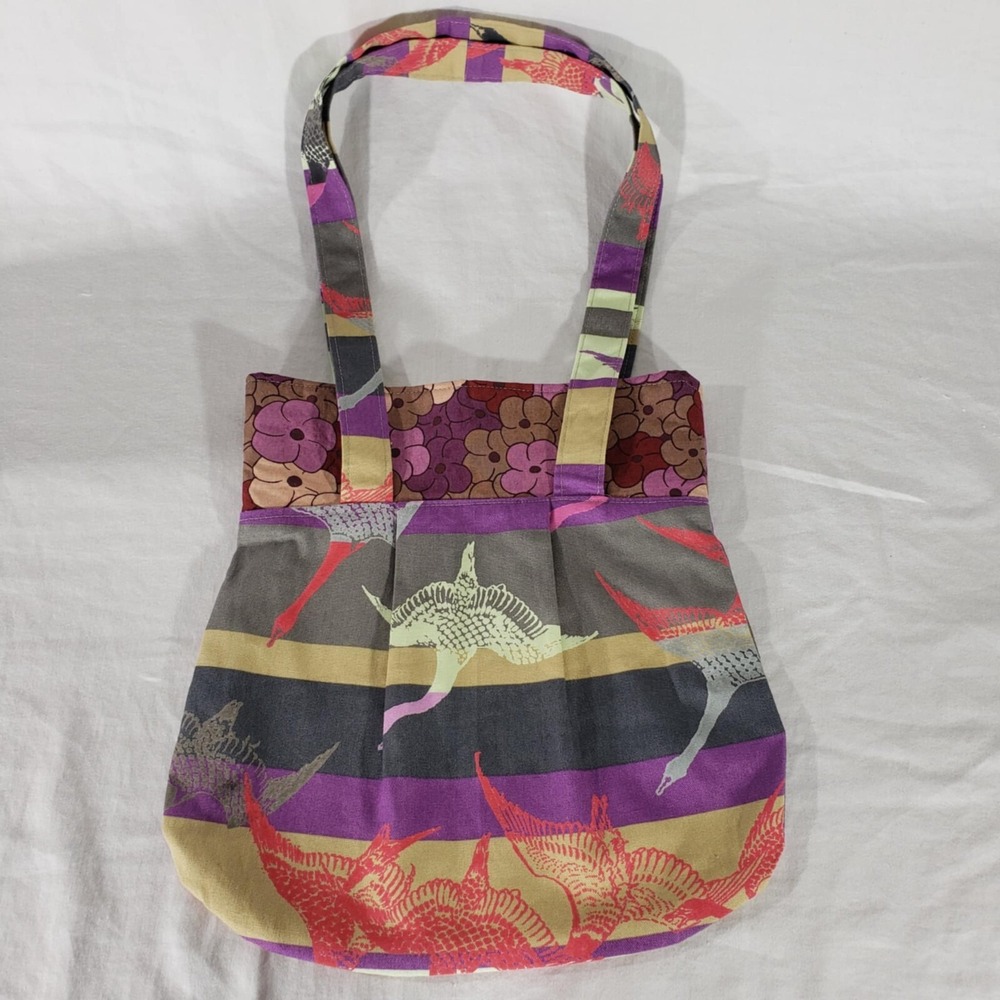 Handmade Unique Cotton Multicolor Bird Floral Stripe Print Tote Shoulder Bag